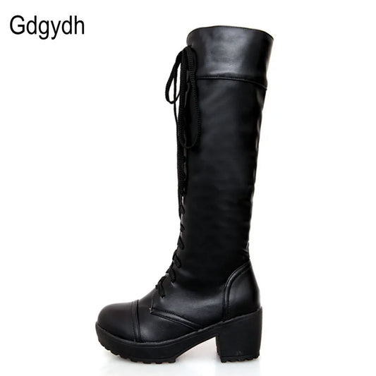 Gdgydh Kniehohe Lederstiefel - Gr.43, Quadratischer Absatz