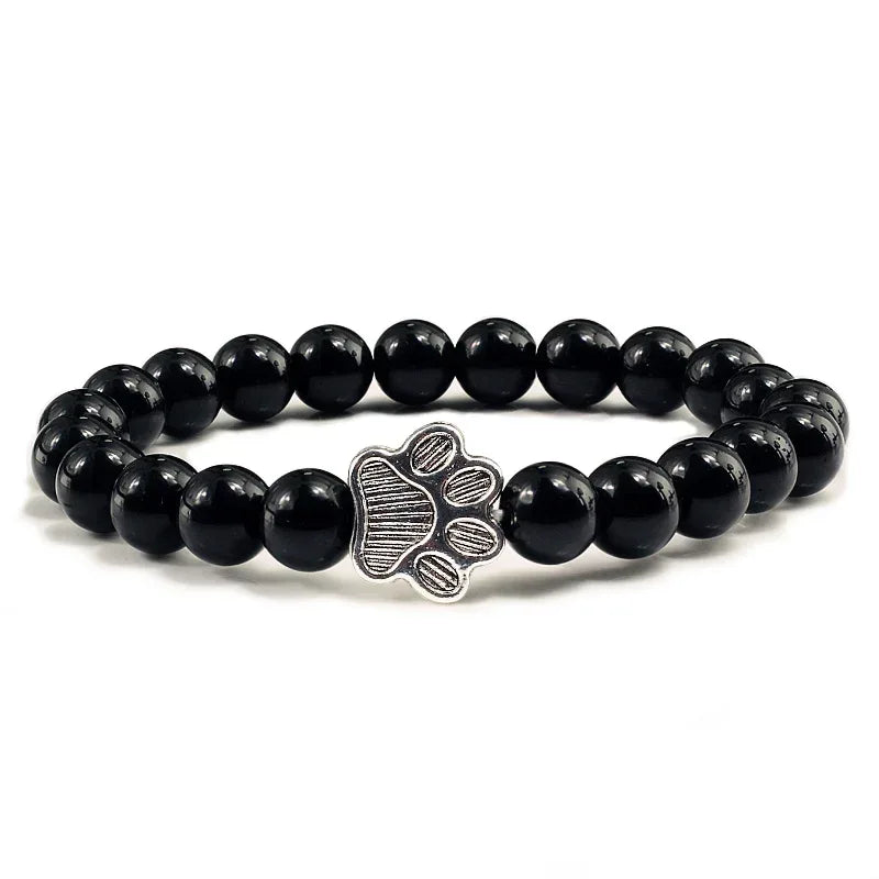 Natural Matte Black Lava Volcanic Stone Paw Print Charm Bracelet Homme Femme Pet Memorial Cat Dog Lovers Jewelry Bracelets Gifts - Golden Bridge Store