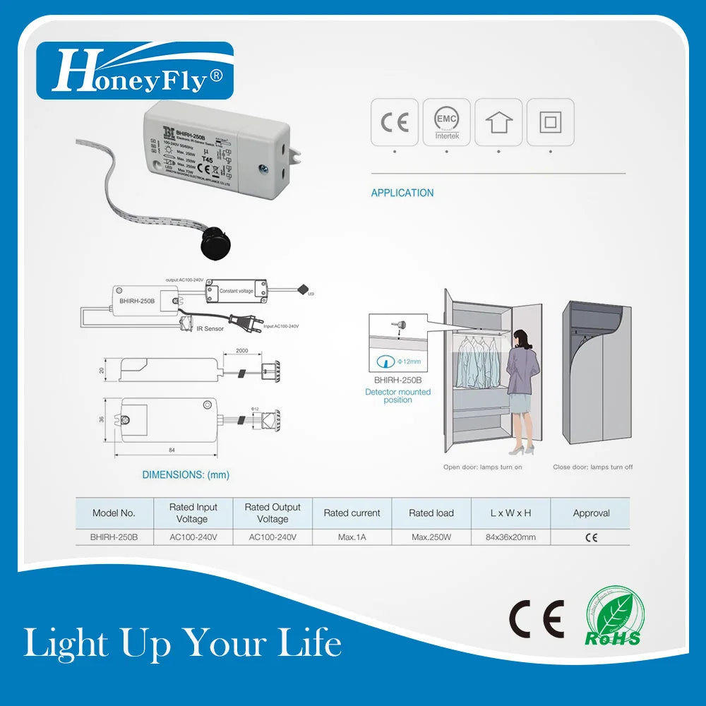 HoneyFly IR Bewegungsmelder Schalter 250W - Infrarot Sensor für automatische Beleuchtung