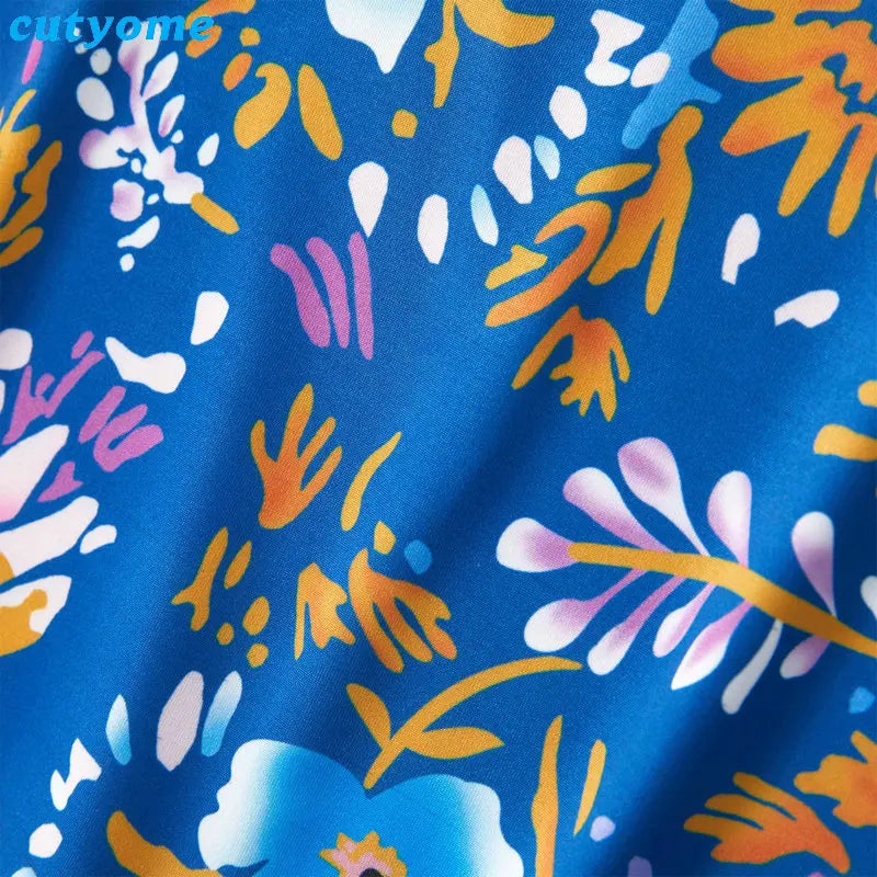 Mother Daughter Dresses Floral Print Half Sleeve Blue Dress Family Matching Outfits Mother/Mom and Daughter Dresses Clothes