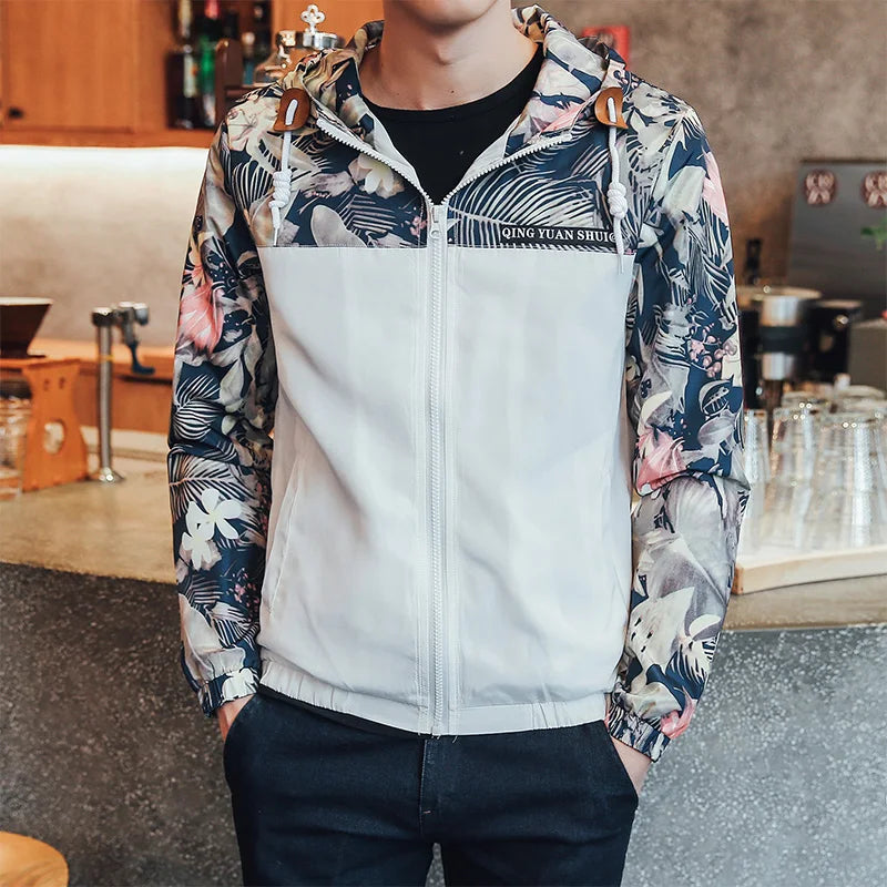 Windbreaker Jackets Mens Hooded Jacket Sportswear Bomber Jacket Fashion Light Weight Flowers Casual Mens jackets Coats Outwear