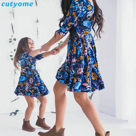 Mother Daughter Dresses Floral Print Half Sleeve Blue Dress Family Matching Outfits Mother/Mom and Daughter Dresses Clothes - Golden Bridge Store