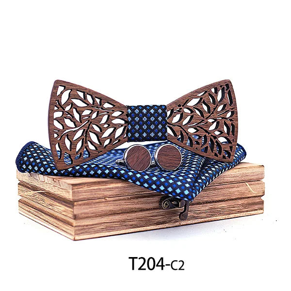 Mahoosive Fashion Mens Handmade handkerchiefs Wood and Cufflinks Wooden Bow Tie Pre-tied Bowtie For Wedding Party Wood Gift Box