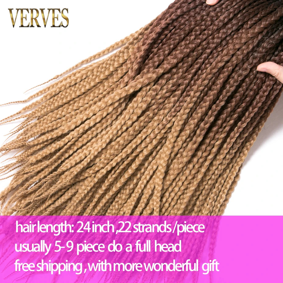 VERVES Crochet Braids Synthetic 24 inch Box Braid 22 Roots/Pcs Ombre Braiding Hair Extensions Heat Fiber Bulk Braid Pink,Black
