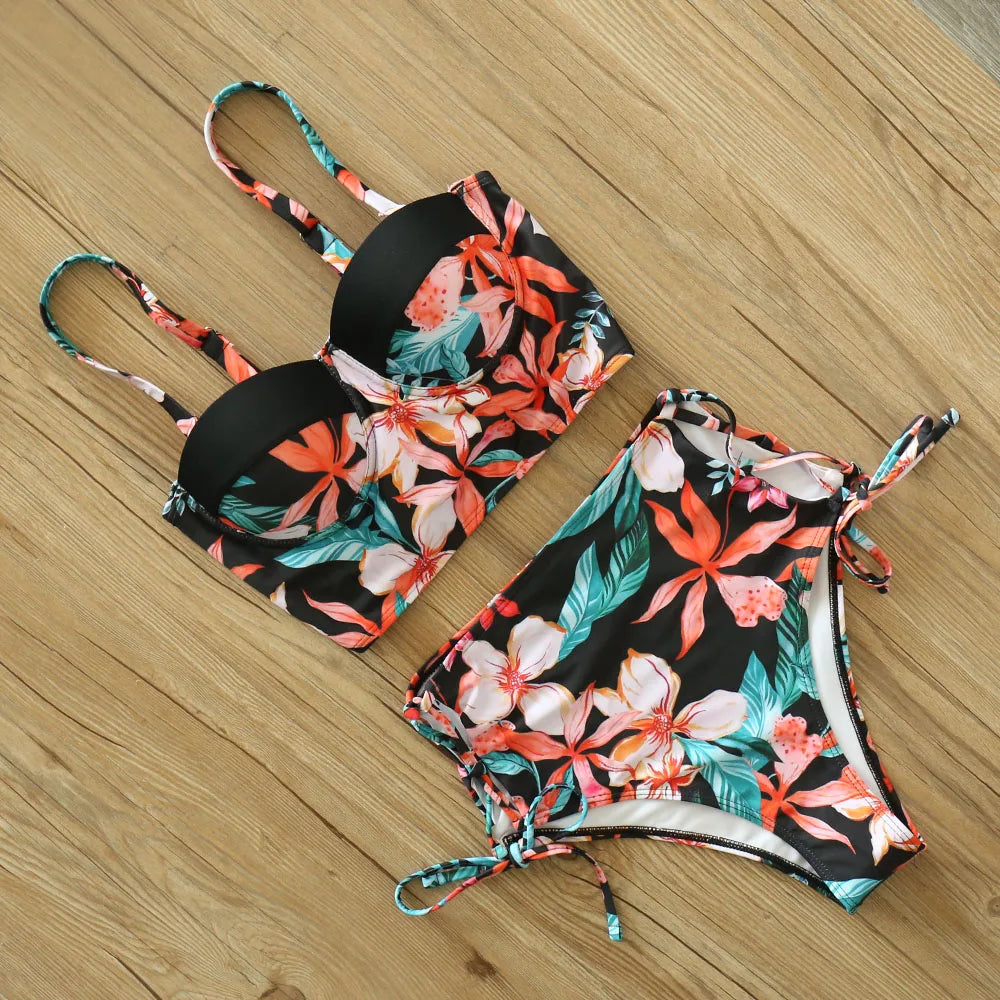 High Waist Schwimmbekleidung 2025: Underwire-Support Mori Girl Style sporlike - Neuer Blatt Druck Vintage Retro Badeanzug Halter Polsterung