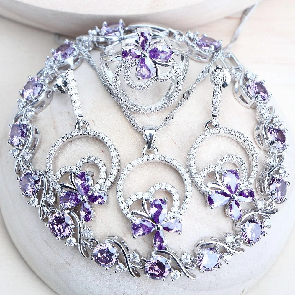 Lila Zirkonia Silber 925 Braut Schmuck Sets - Für Damen Kostüm Schmuck Armbänder - Hochzeit Ringe Ohrringe Anhänger Halskette
