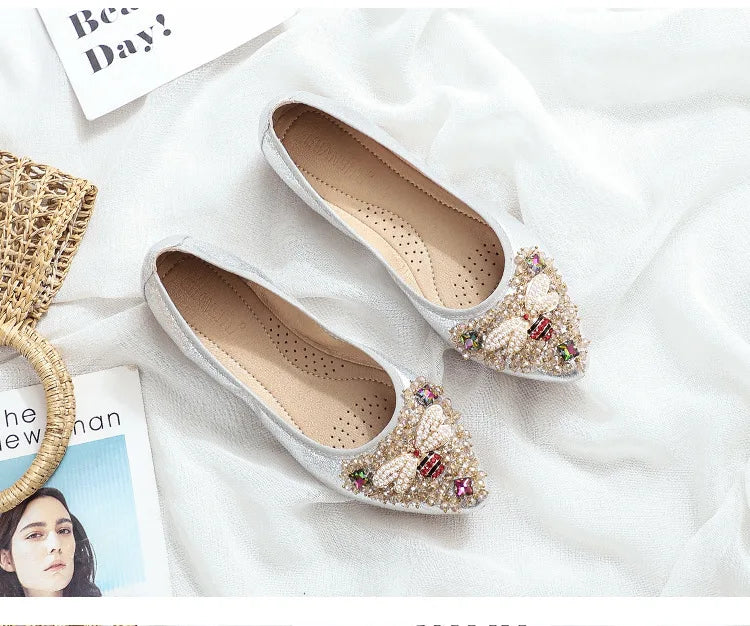 Elegant Women Shoes 2023 Spring Flats Shoes Woman Soft Comfortable Silk Rhinestone Summer Ladies Single Shoes zapatos de mujer