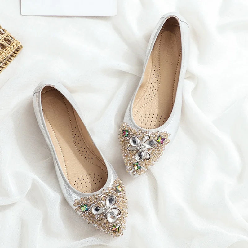 Elegant Women Shoes 2023 Spring Flats Shoes Woman Soft Comfortable Silk Rhinestone Summer Ladies Single Shoes zapatos de mujer