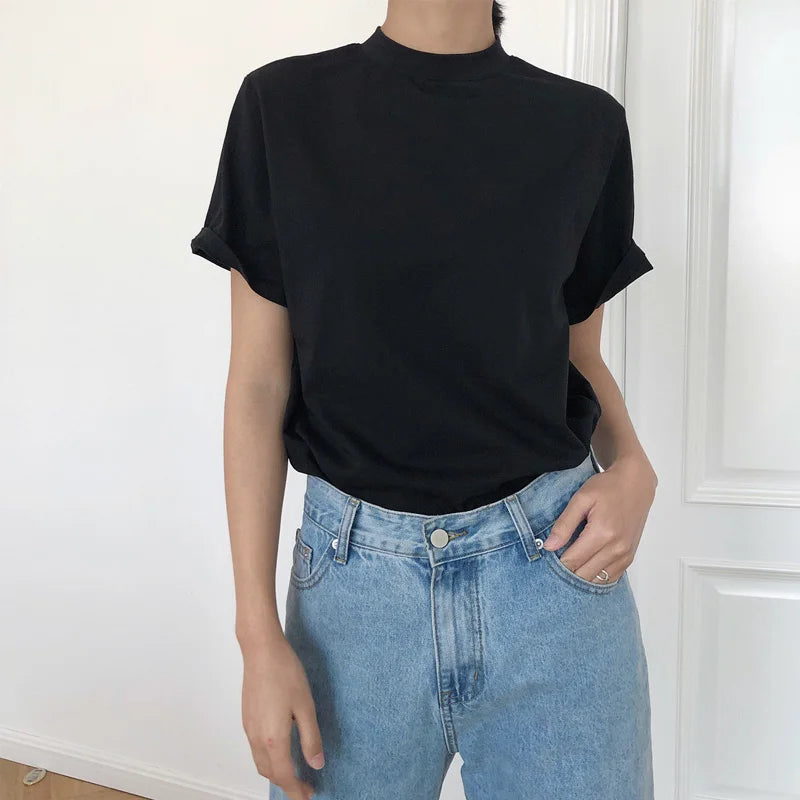 Tricou de damă cu mânecă scurtă și guler rotund, casual, monocromatic, lejer, de vară