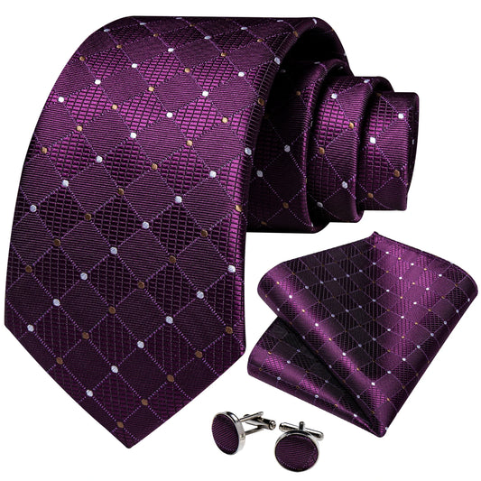 Purple Plaid Dot Men's Ties Pocket Square Cufflinks Business Wedding Accessoires Neck Tie Gift For Men Cravat Silk Tie DiBanGu