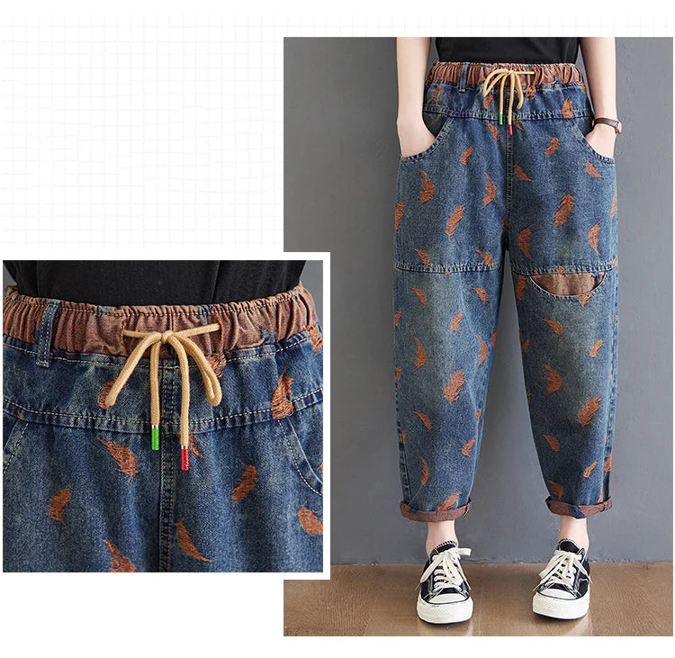 Jeans For Women Spring Street Feather Embroidery Color Contrast Loose Thin Drawstring Pockets Elastic Waist Denim Pants Female