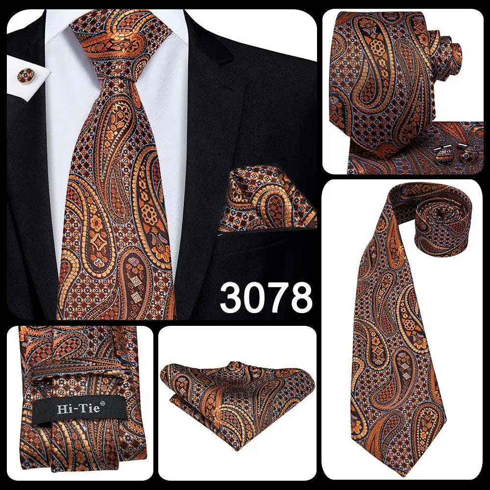 Set de cravate bărbătești din mătase Hi-Tie, model floral, cravate și batiste aurii galbene, set de butoni, costum de nuntă pentru bărbați, cravată la modă C-3053