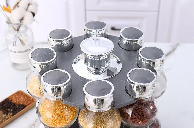 Rotating16Pcs Condiment Set Spice Jar StorageBox HomeKitchen Cruet Condiment Bottle Coffee Sugar Seal Jar Container Rack