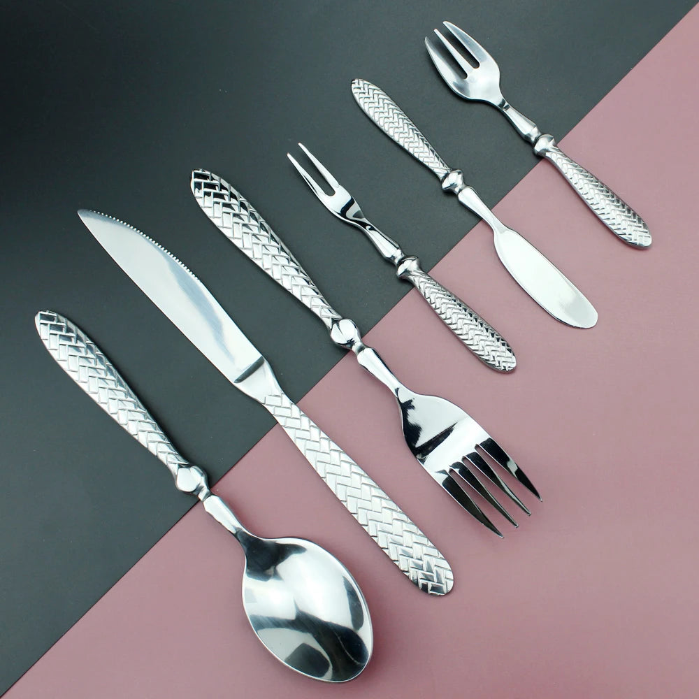 LUCF Royal Luxury 2025 - Gewebtes Muster Griff Spiegel Edelstahl Geschirr - Elegantes Besteck Delikates Tafelgeschirr Küche Hotel