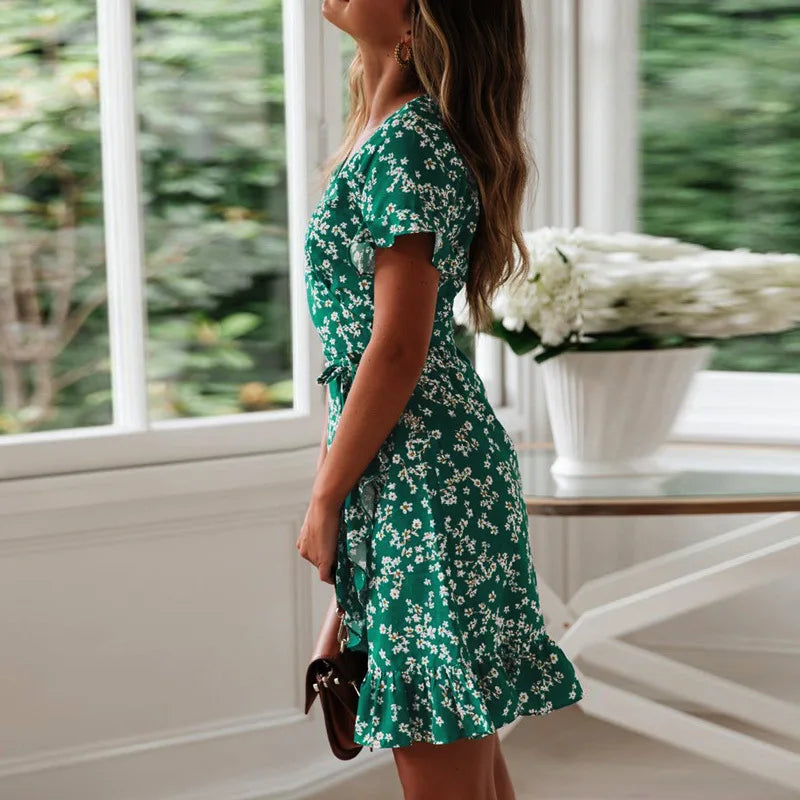 Boho Floral Print Ruffles Women Dress Summer Sexy V Neck Short Sleeve A Line Chiffon Mini Dresses Beach Vacation Sundress