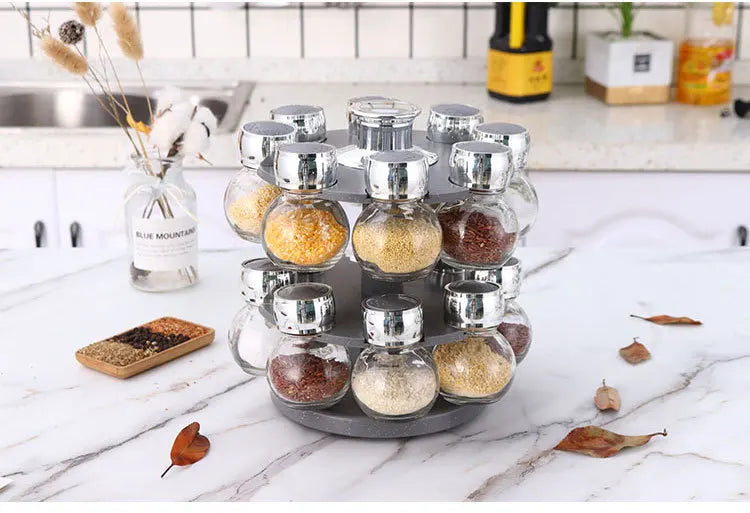 Rotating16Pcs Condiment Set Spice Jar StorageBox HomeKitchen Cruet Condiment Bottle Coffee Sugar Seal Jar Container Rack