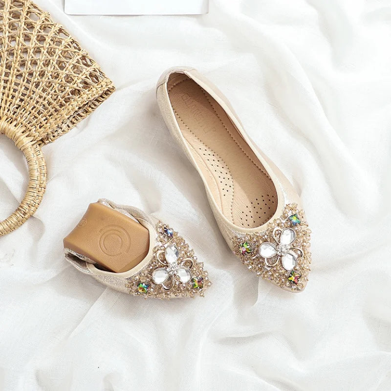 Elegant Women Shoes 2023 Spring Flats Shoes Woman Soft Comfortable Silk Rhinestone Summer Ladies Single Shoes zapatos de mujer