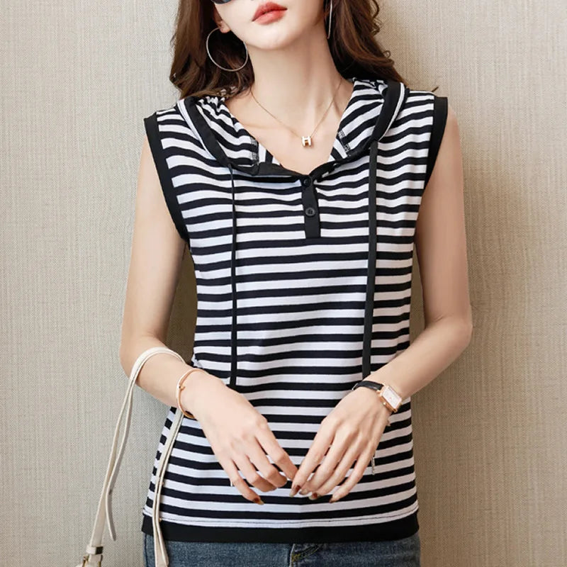 J1 B3-634 Kapuzen-Top - Gestreift Oversize, Baumwoll