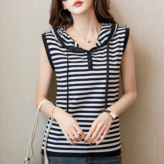 J1 B3-634 Kapuzen-Top - Gestreift Oversize, Baumwoll