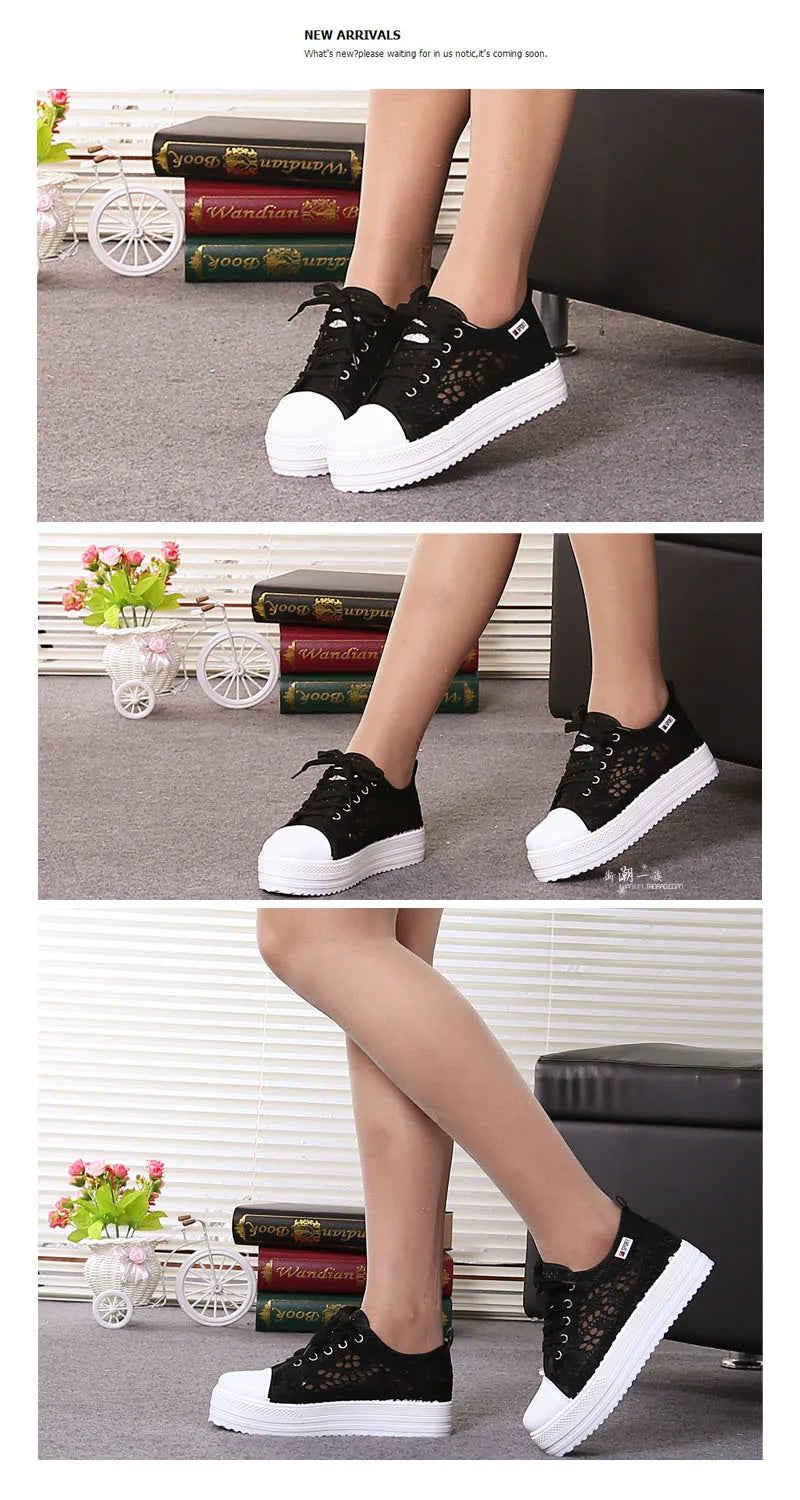 Women Shoes Fashion Summer Casual Shoes White Sneakers Cutouts Lace Canvas Hollow Breathable Platform Sneakers Tenis Feminino