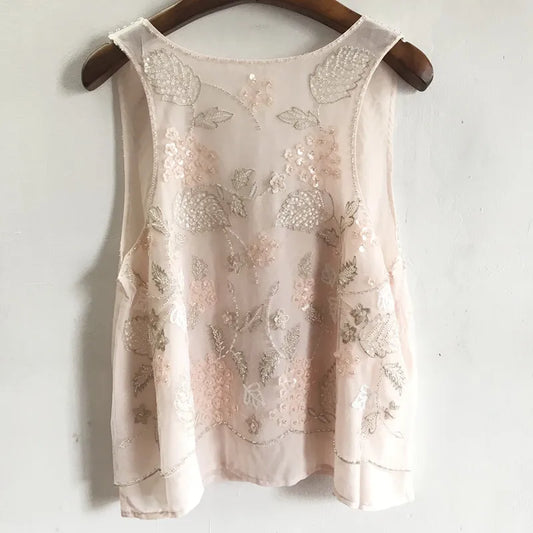 Femei florale cu mărgele vestă lejeră fără mâneci cămașă de vară cu guler în U flori brodate cu paiete șifon bluze strălucitoare din tifon maiouri