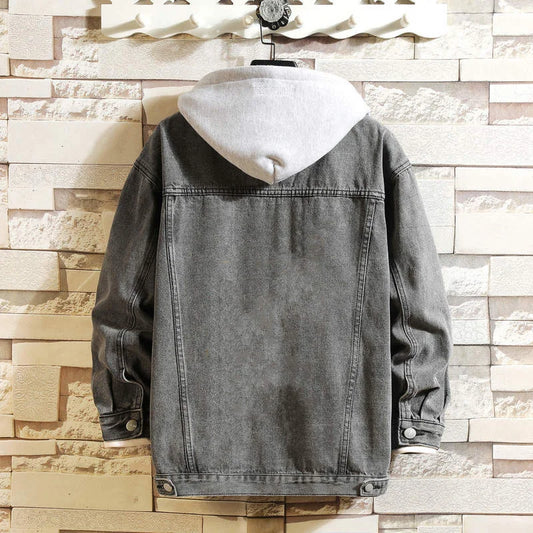Jachetă denim bărbați cu glugă casual bărbați jachete blugi streetwear culoare solidă guler răsturnat denim paltoane bărbați jachete pălărie detașabilă