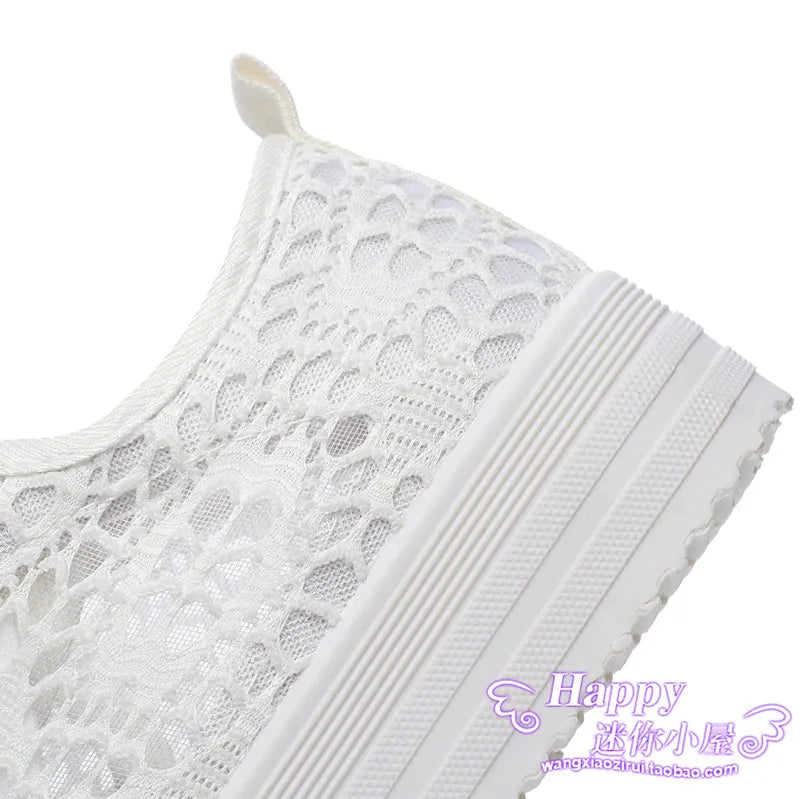 Women Shoes Fashion Summer Casual Shoes White Sneakers Cutouts Lace Canvas Hollow Breathable Platform Sneakers Tenis Feminino