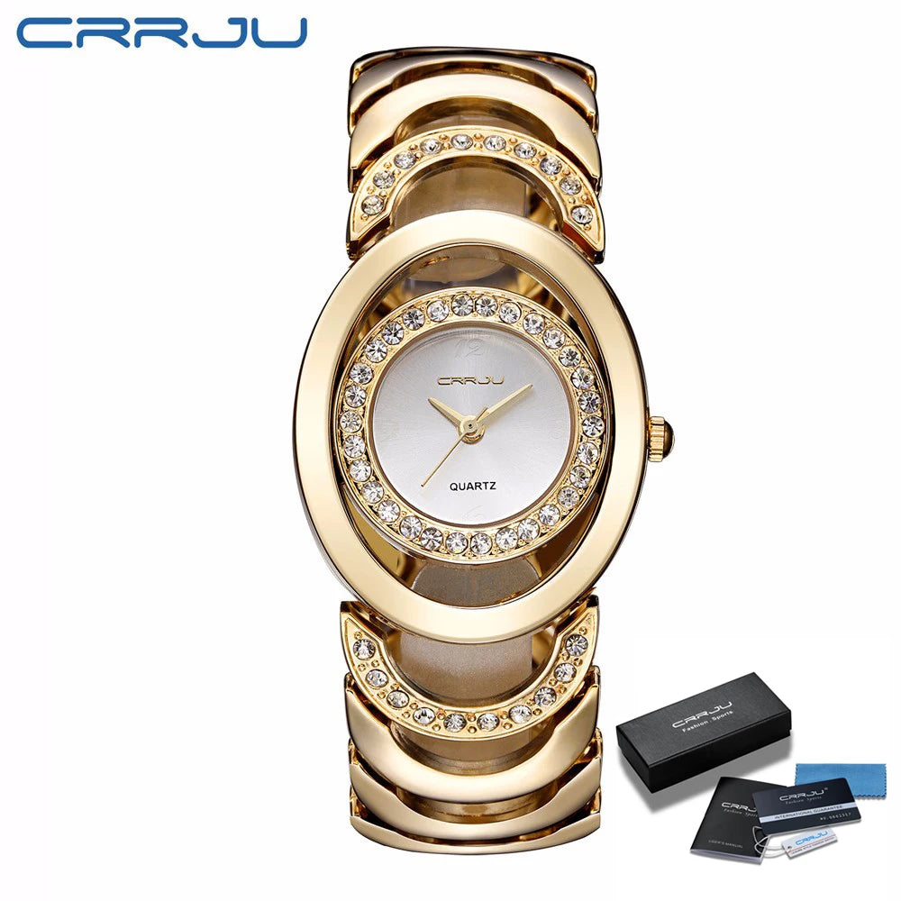 Damen-Uhr 2025: CRRJU Gold Watch Women Luxury Brand bracelet Ladies Quartz-Watch - Gifts For Girl Full Stainless Steel Rhinestone wristwatches whatch Collection