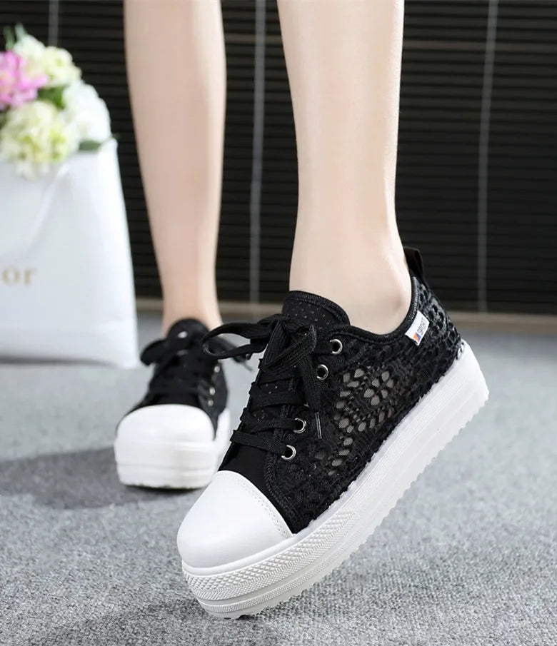 Women Shoes Fashion Summer Casual Shoes White Sneakers Cutouts Lace Canvas Hollow Breathable Platform Sneakers Tenis Feminino