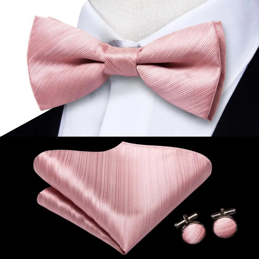 Hi-Tie Peach Pink Salmon Silk Mens Bow Tie Pocket Square Cufflinks Set Pre-tied Butterfly Knot Bowtie for Male Wedding Business