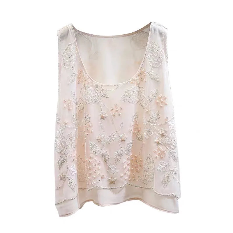 Women Floral Beaded Loose Vest Sleeveless Shirt Summer U-Neck Flowers Embroidered Sequined Chiffon Blouses Shiny Gauze Tank Tops