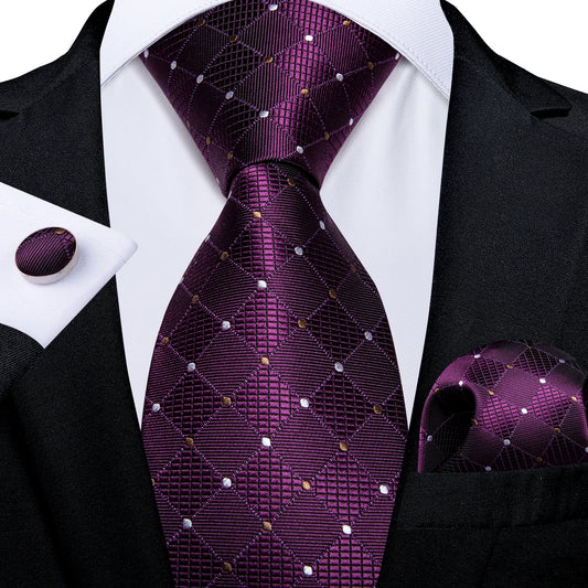 Purple Plaid Dot Men's Ties Pocket Square Cufflinks Business Wedding Accessoires Neck Tie Gift For Men Cravat Silk Tie DiBanGu