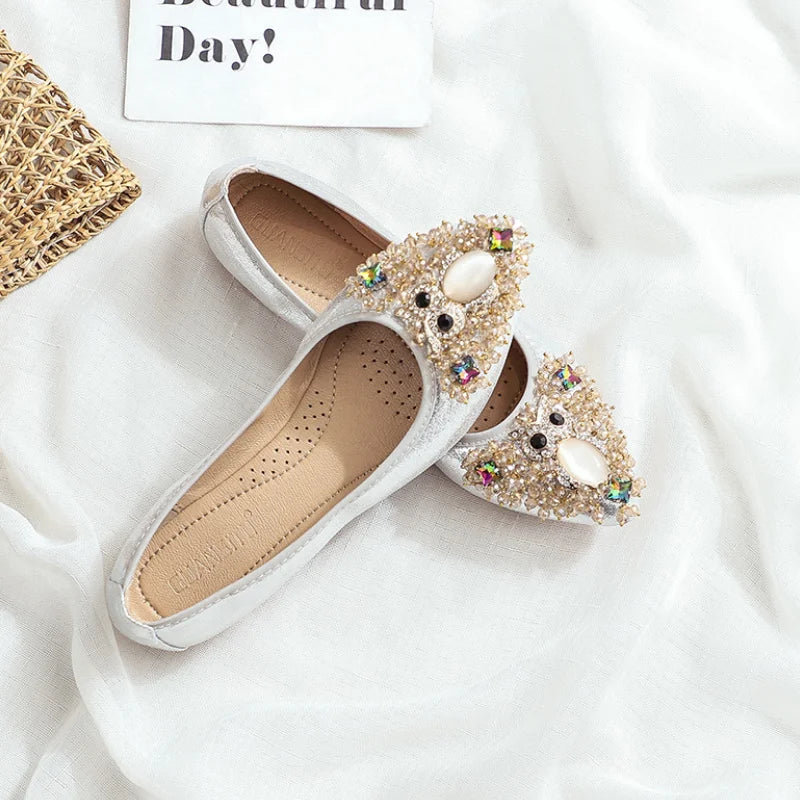 Elegant Women Shoes 2023 Spring Flats Shoes Woman Soft Comfortable Silk Rhinestone Summer Ladies Single Shoes zapatos de mujer
