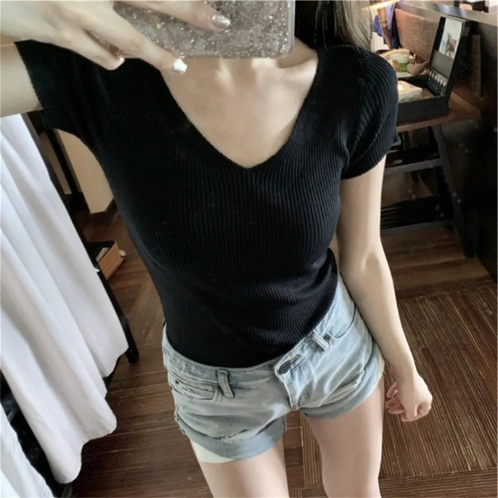 elegant Women T Shirt Ribbed Knitted V-neck Short Sleeve Ladies Solid Top Tee Fitness Korean Clothes T Shirt Women Camiseta Mujer