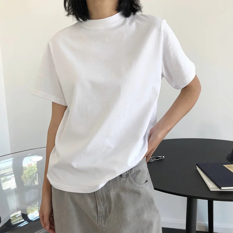 Women's Round Neck Short Sleeve T-shirt, Casual, Monochromatic, Loose, Summer