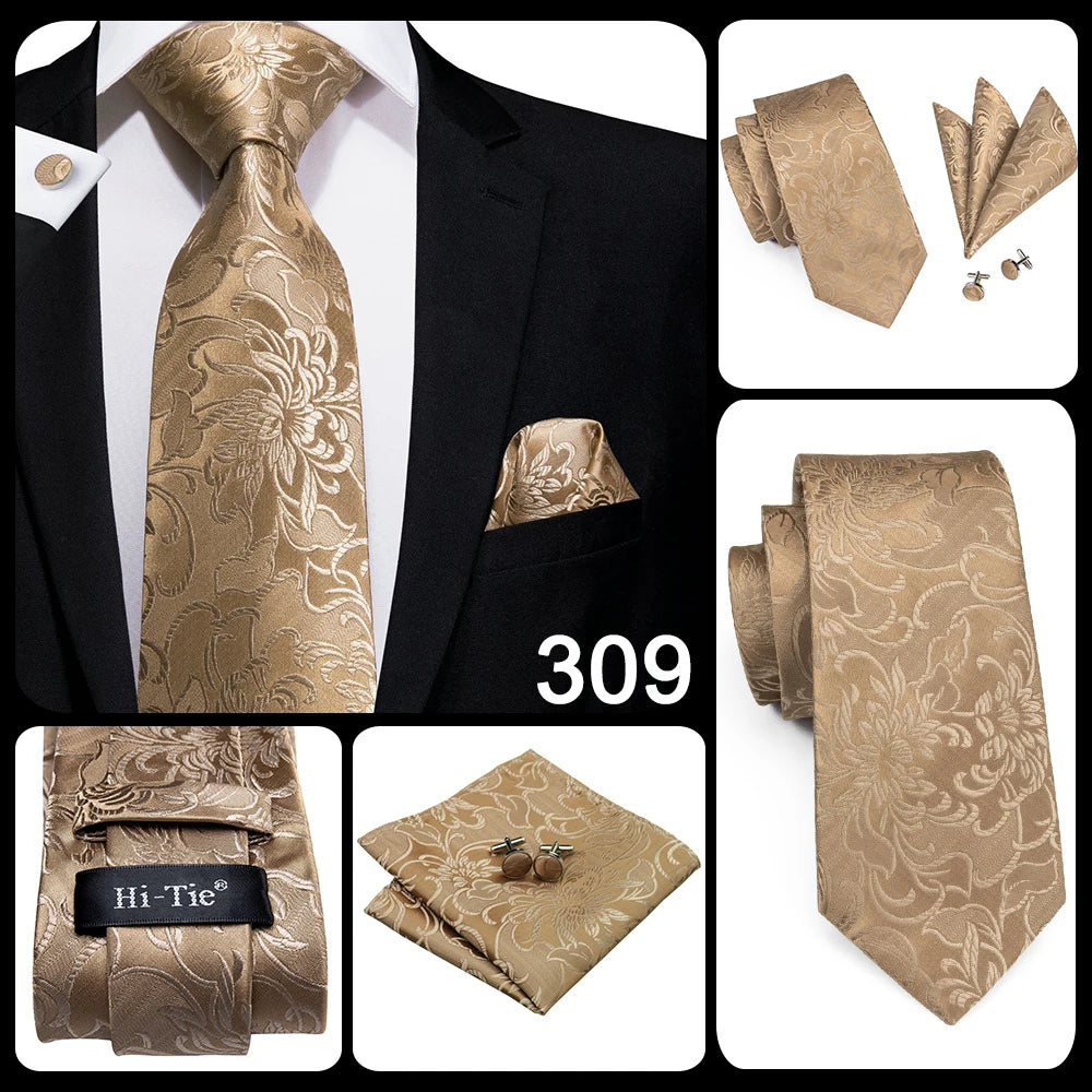 Set de cravate bărbătești din mătase Hi-Tie, model floral, cravate și batiste aurii galbene, set de butoni, costum de nuntă pentru bărbați, cravată la modă C-3053