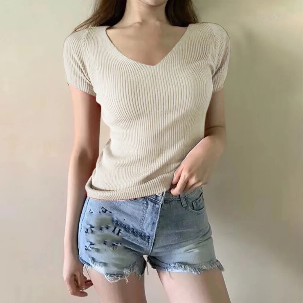 elegant Women T Shirt Ribbed Knitted V-neck Short Sleeve Ladies Solid Top Tee Fitness Korean Clothes T Shirt Women Camiseta Mujer