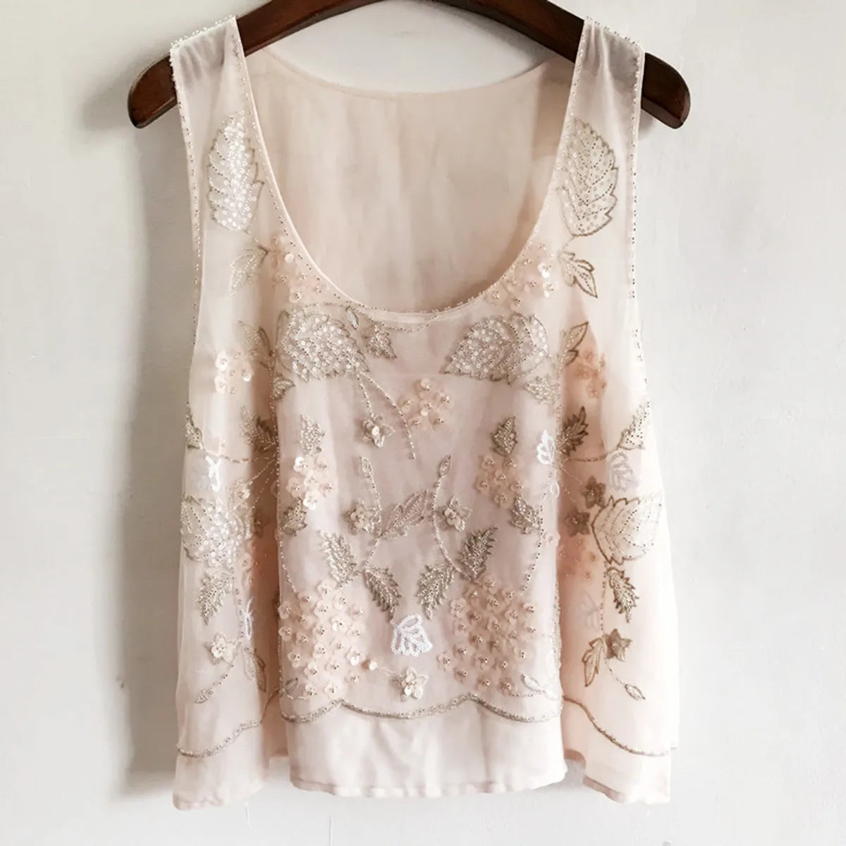 Women Floral Beaded Loose Vest Sleeveless Shirt Summer U-Neck Flowers Embroidered Sequined Chiffon Blouses Shiny Gauze Tank Tops