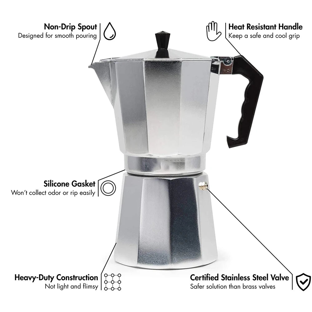 Moka Pot Italian Coffee Machine Espresso Aluminum Geyser Coffee Maker Kettle Latte Stove Classic Coffee Barista Accessories600ml