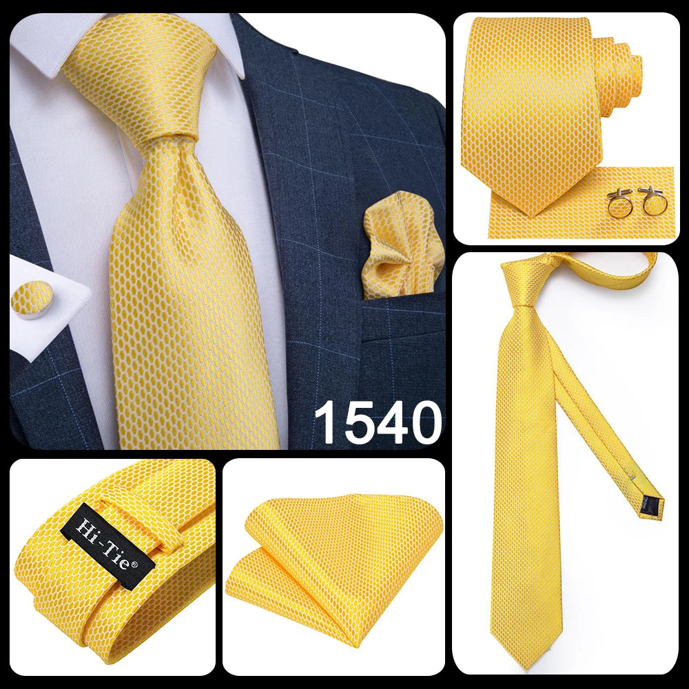 Set de cravate bărbătești din mătase Hi-Tie, model floral, cravate și batiste aurii galbene, set de butoni, costum de nuntă pentru bărbați, cravată la modă C-3053
