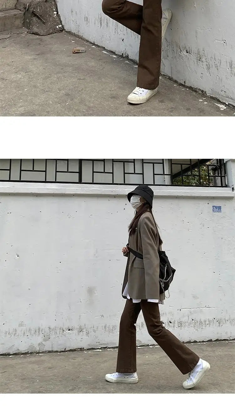 Blugi pentru femei 2025 - Denim maro, stil coreean, stil bootcut, asortat, stil stradal