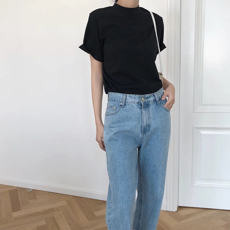 Tricou de damă cu mânecă scurtă și guler rotund, casual, monocromatic, lejer, de vară