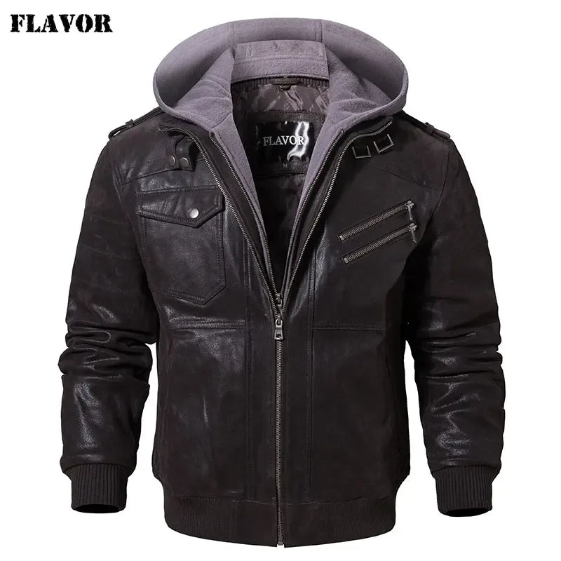 FLAVOR Herren Lederjacke Männer Motorrad Abnehmbarer Kapuz Wintermantel Männer Warme Echte Lederjacken - Golden Bridge Store