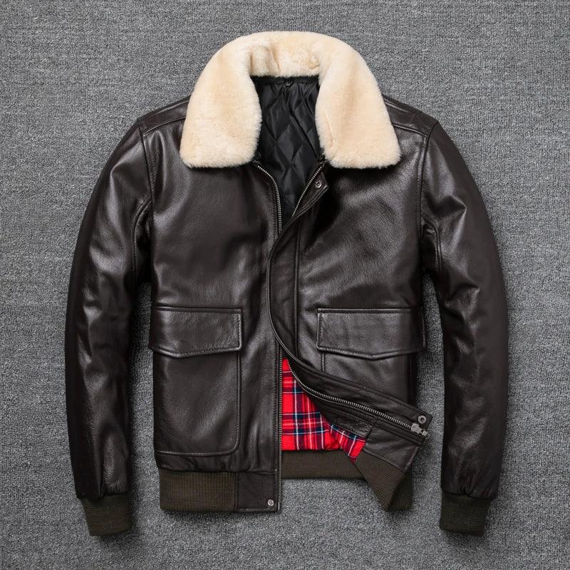 Air Force Flight Jacket Fur Collar Genuine Top Layer Cow Leather Jacket Men Black Brown Cow Coat Men's Winter Jacket - Golden Bridge Store