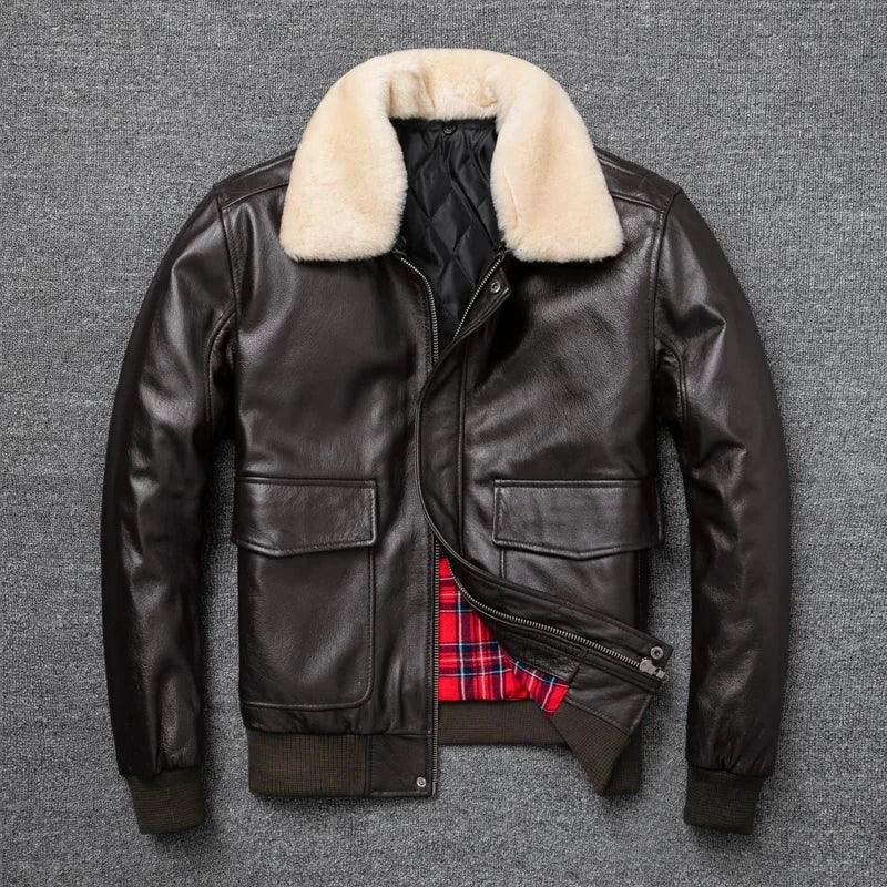 Air Force Flight Jacket Fur Collar Genuine Top Layer Cow Leather Jacket Men Black Brown Cow Coat Men's Winter Jacket - Golden Bridge Store