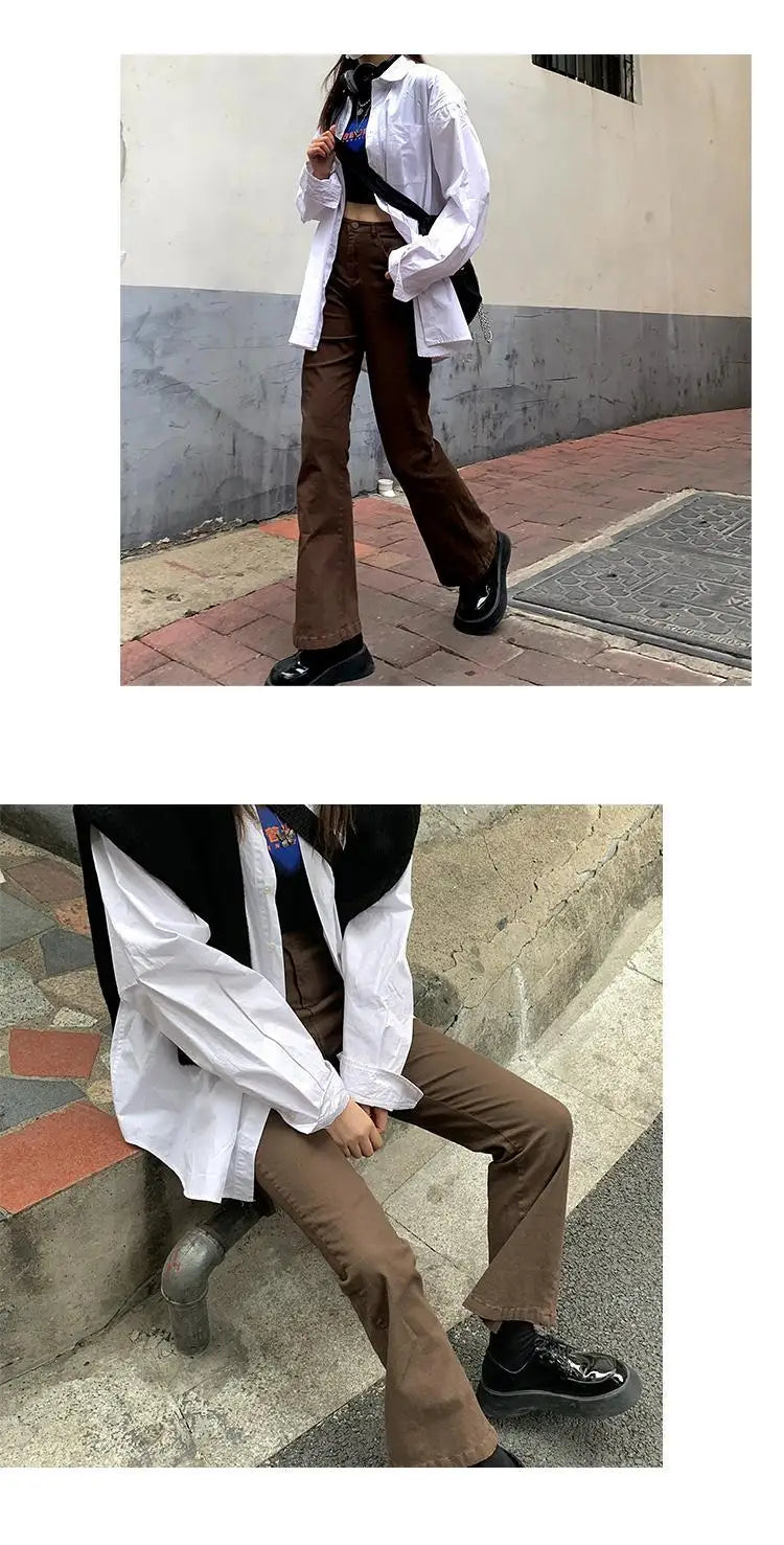 Blugi pentru femei 2025 - Denim maro, stil coreean, stil bootcut, asortat, stil stradal