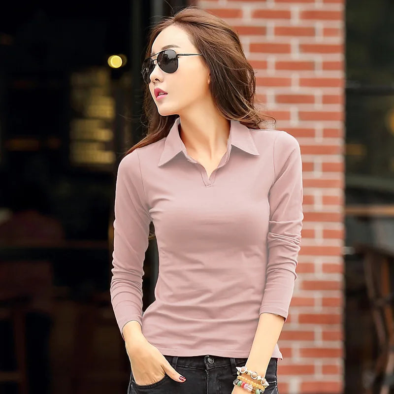 Solid T Shirt Female 2024 Turn-down Collar Womens Long Sleeve Tops Spring Full Slim Cotton TShirt Woman Clothes T-Shirt Femme