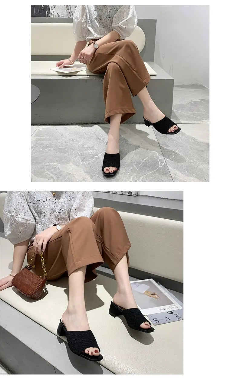Women Slippers 2022 Summer Closed Toe Comfort Slippers Women Fashion Fly Weave Outdoor Sandals Women Medium Heel Slippers