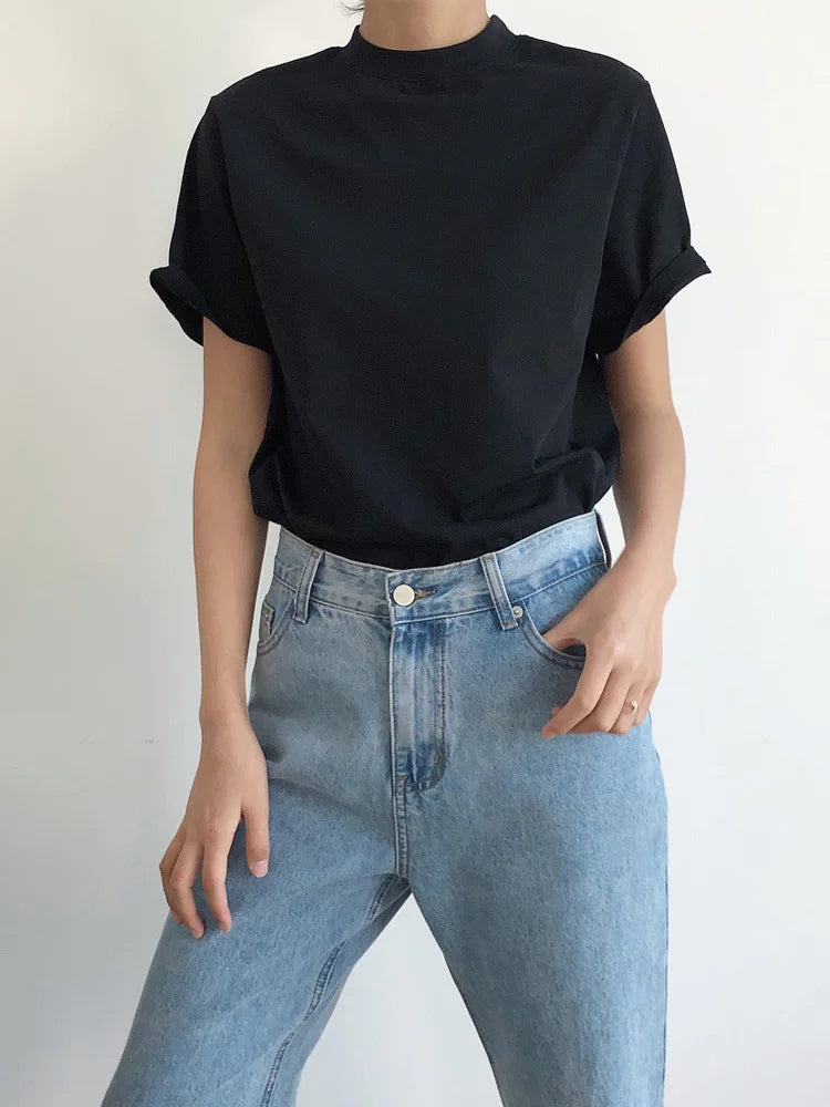 Tricou de damă cu mânecă scurtă și guler rotund, casual, monocromatic, lejer, de vară