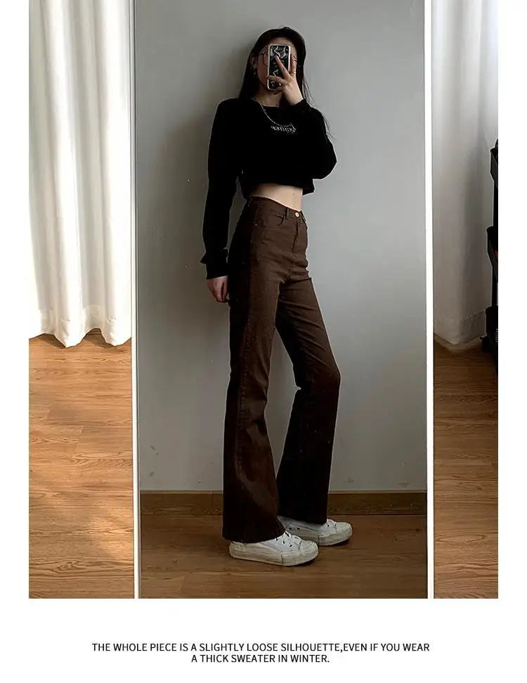 Blugi pentru femei 2025 - Denim maro, stil coreean, stil bootcut, asortat, stil stradal